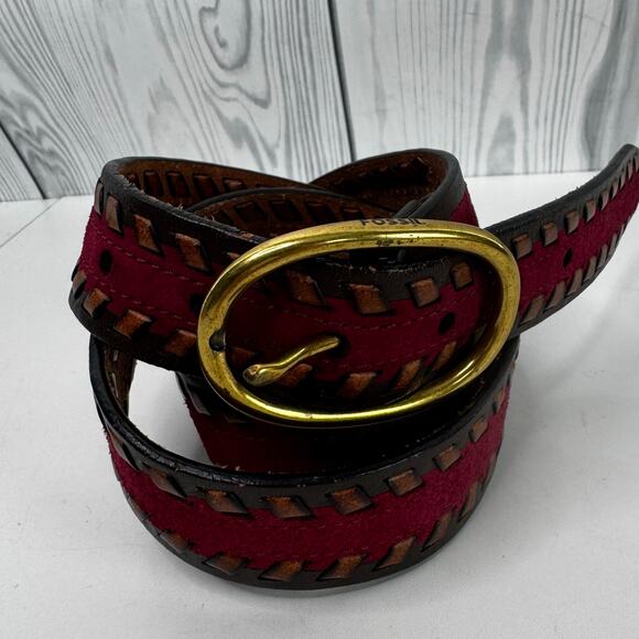 Vintage Fossil Two Tone Braided Leather Belt with Oval Brass Buckle Large - Picture 1 of 6